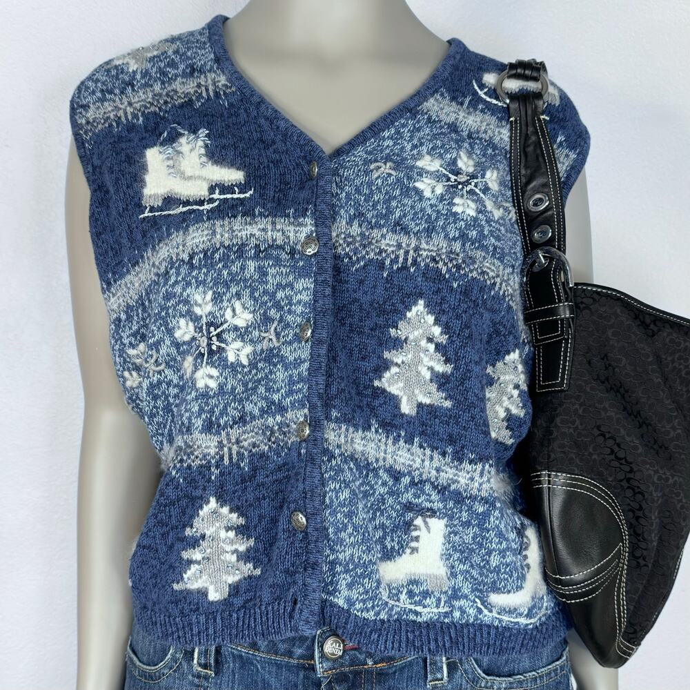 VINT Sweater Vest Button V-Neck Winter Snow Ice Skates Size Novelty 2X Plus Size